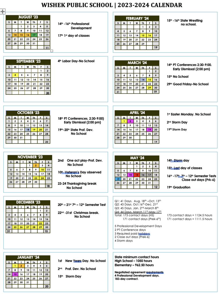 Wishek Public Schools Calendar 2024-2025